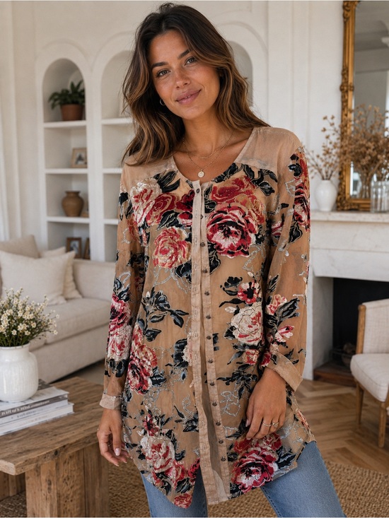 Aratta Silent Journey Tops - Aratta Silent Journey floral button front burnout tunic size medium, new
